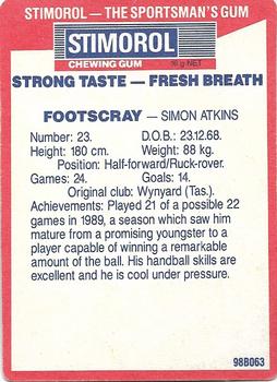 1990 AFL Scanlens Stimorol #148 Simon Atkins Back